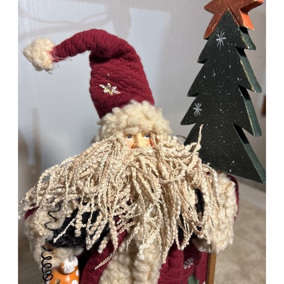 Rustic Santa Claus Tree Topper Figurine Wood Tree & Lantern 14" Quilted Christma - Picture 2 of 8